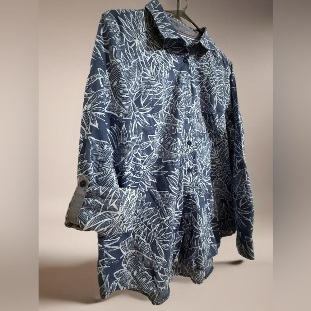 Tommy Hilfiger Relaxed Fit Women Blue Tropical Printed Button Up Shirt Sz Large